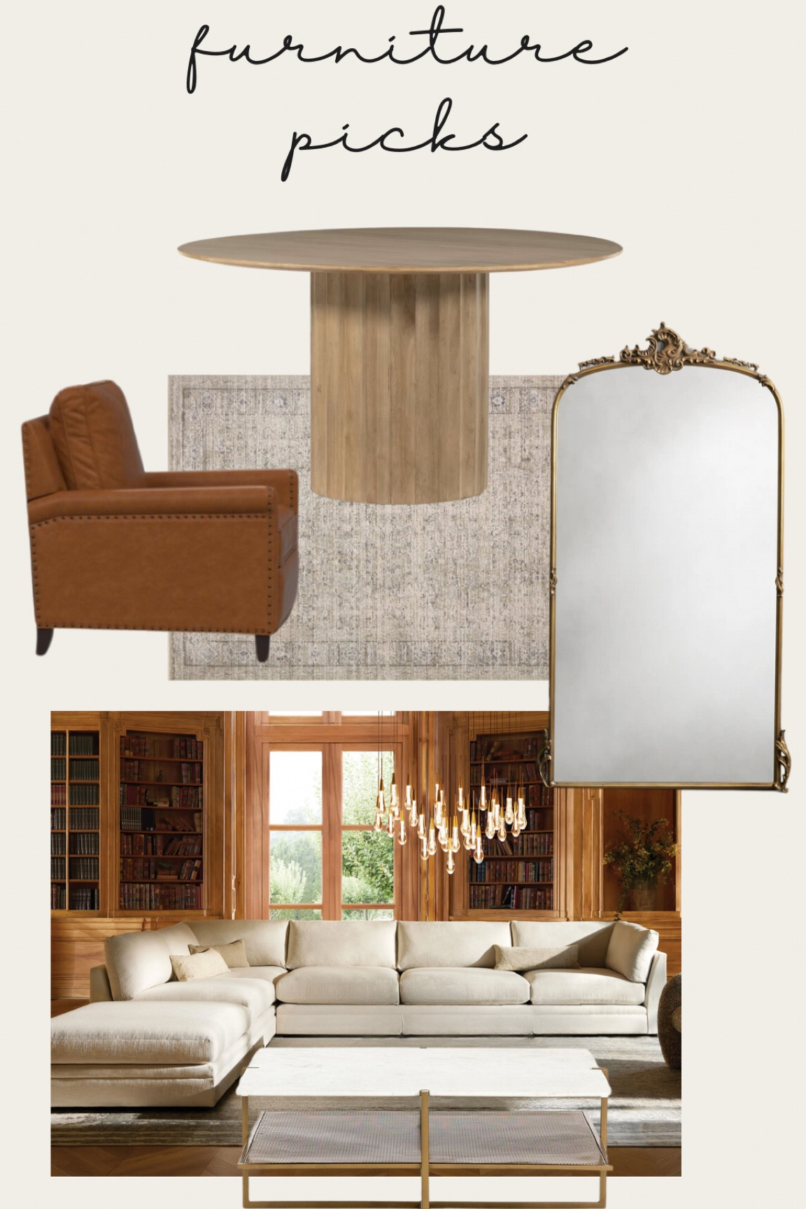 Our furniture picks so far!  And these chairs are actually recliners! 
Rug color- dove taupe

Dining table| mirror| rug| couch| chair| coffee tablee