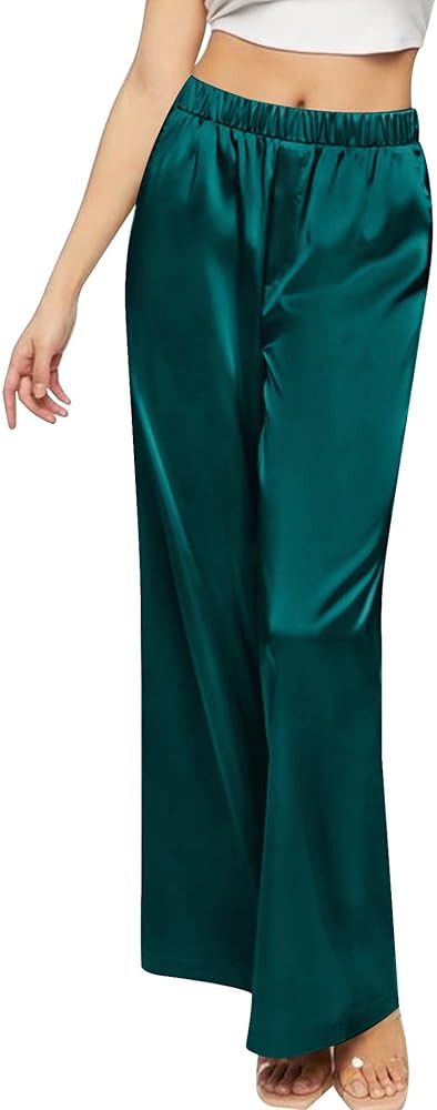 SWOMOG Women's Silk Satin Pajama Pants Longs Silky Sleep Pants Loungewear Trousers Elastic Waist ... | Amazon (US)