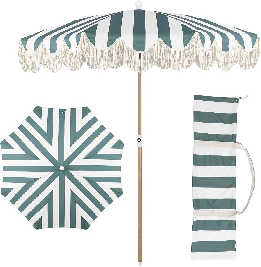 JONATHAN Y UMB1003M Mariner 6.5 ft. Cottage Fringe Tassel Market Beach Umbrella with Push Button ... | Amazon (US)