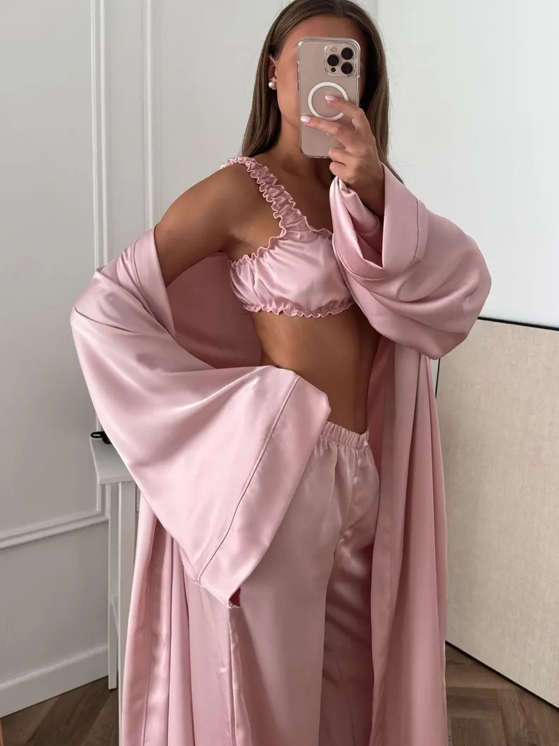Pink Satin Bridal Pajama Set \u2014 Top and Shorts With Robe - Etsy | Etsy (Global)