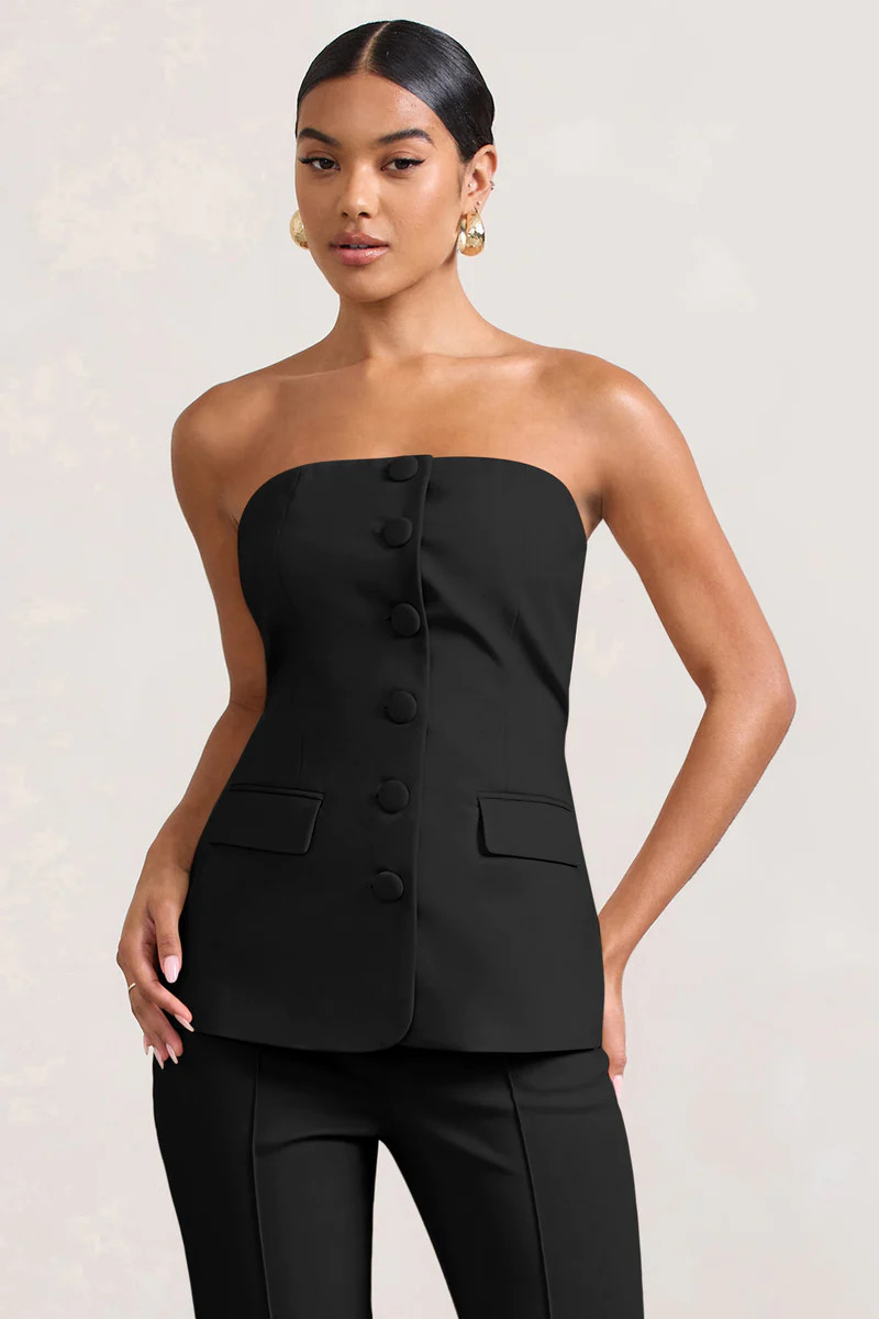 Elliana | Black Strapless Button Front Tailored Top | Club L London