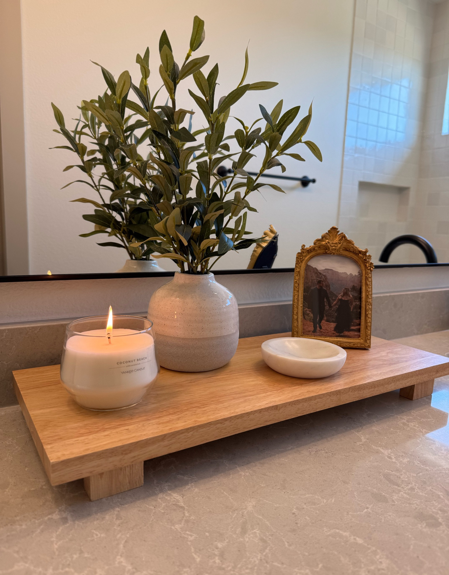 Getting around to my bathroom trays. Everything on here including the tray is under $50 total! I’m still waiting on an amber glass hand soap bottle! 

#LTKHome