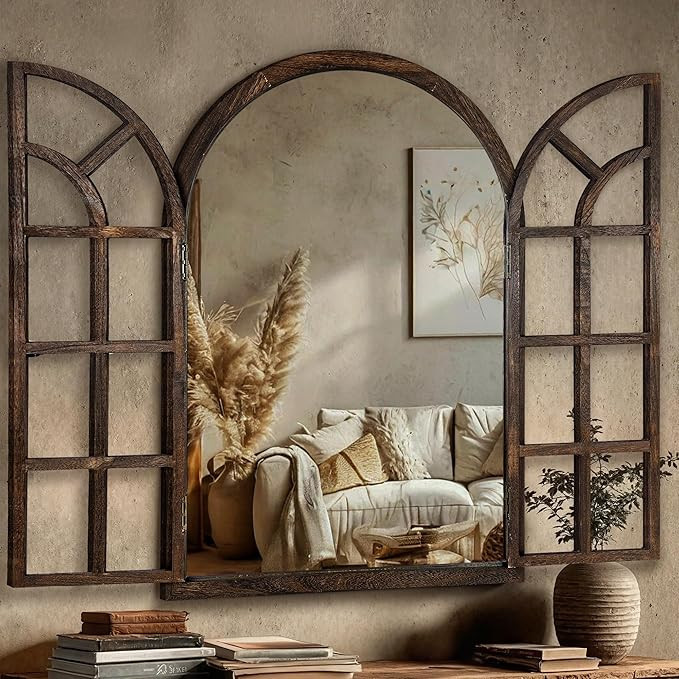 Arched Wall Mirror with Wood Window Frame, 38x26 Vintage Rustic Arch Farmhouse Mirror for Wall, L... | Amazon (US)