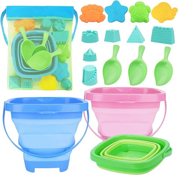 RACPNEL Collapsible Beach Buckets & Beach Toys for Kids, Foldable Sand Bucket and Shovels Set wit... | Amazon (US)