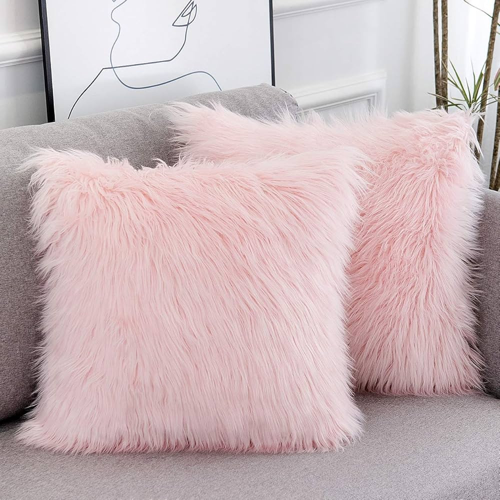 WLNUI Set of 2 Pink Fluffy Pillow Covers New Luxury Series Merino Style Blush Faux Fur Decorative... | Amazon (US)