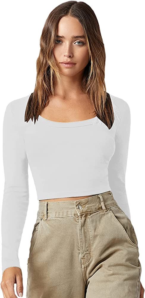 Verdusa Women's Basic Scoop Neck Long Sleeve Fitted Crop Top Tee Shirt | Amazon (US)