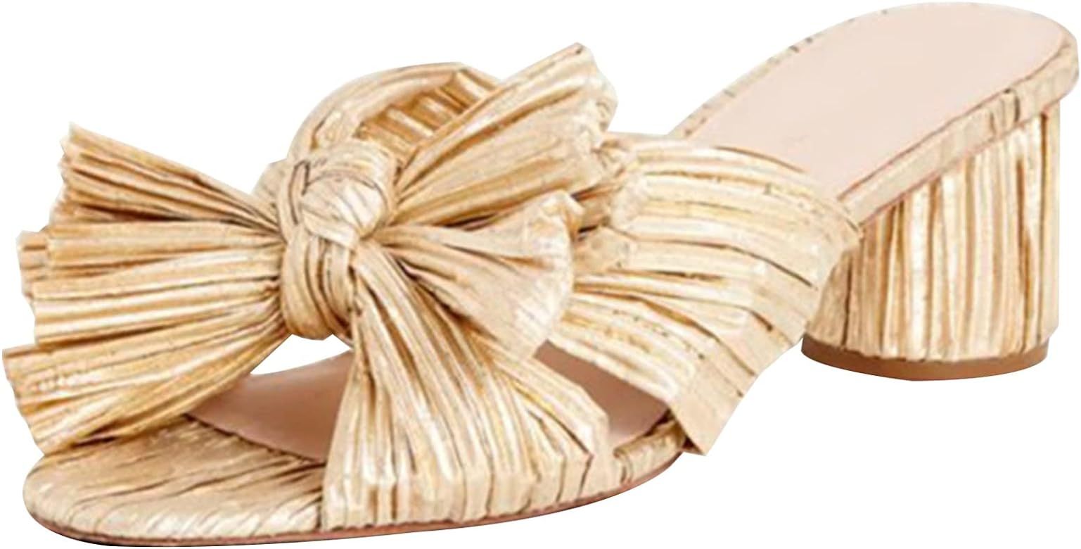 MICIFA Women's Bow Heeled Sandals Slip On Open Toe Block Chunky Heel Sandals Bride Wedding Dress Shoes | Amazon (US)