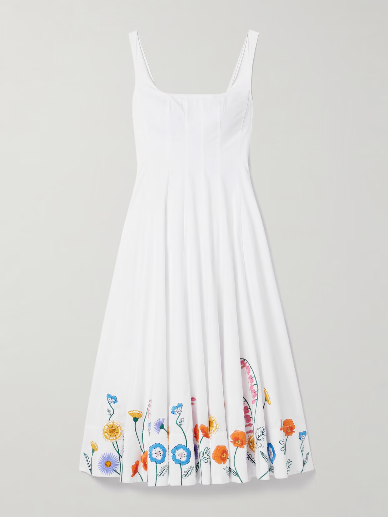 STAUD - Wells Pleated Embroidered Cotton-blend Poplin Midi Dress - White | NET-A-PORTER (US)