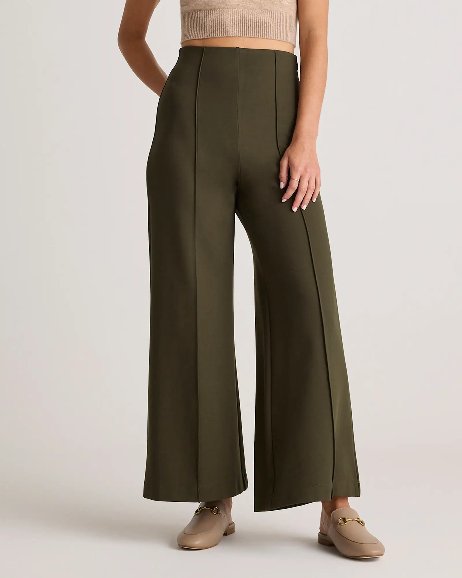 Ultra-Stretch Ponte Super Wide Leg Ankle Pants in Olive | Quince