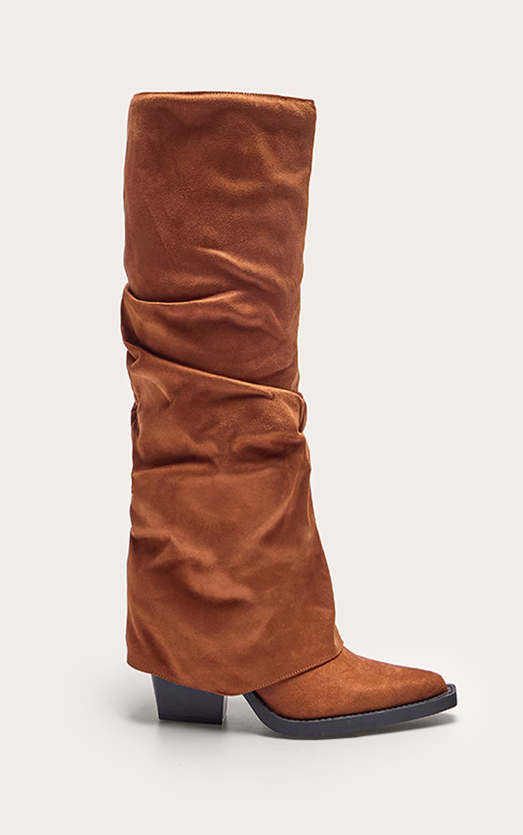 Tan Point Toe Fold Over Block Heel Knee High Boots | Footwear | PrettyLittleThing UK