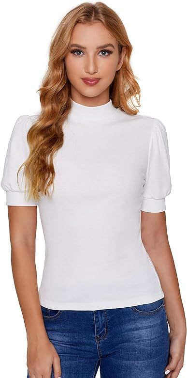 Verdusa Women's Puff Sleeve Mock Neck Slim Fit Ribbed T-Shirt Top | Amazon (US)