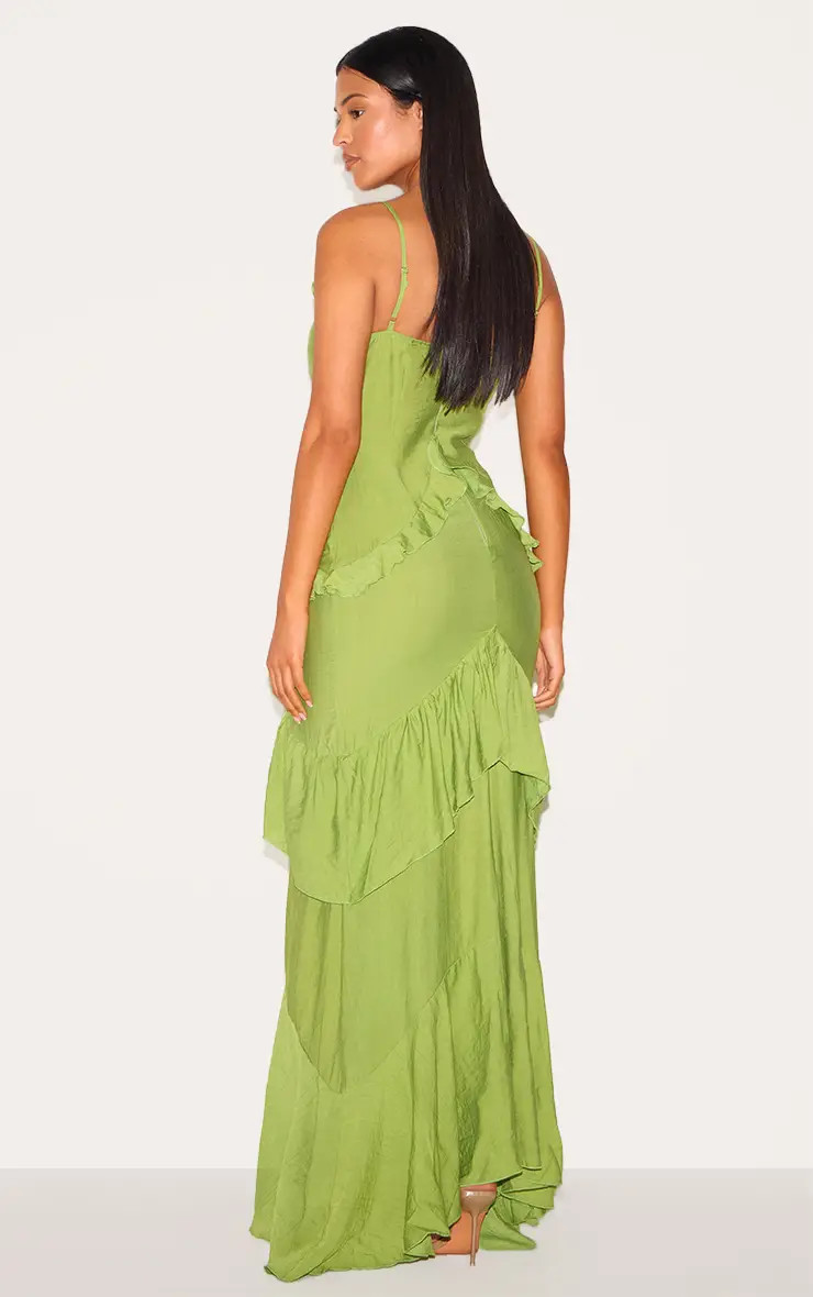 Tall Olive Frill Textured Maxi Dress | PrettyLittleThing UK