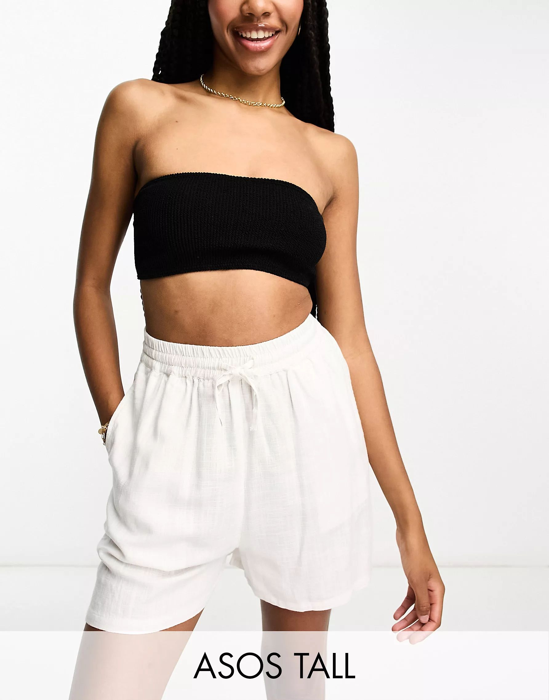 ASOS DESIGN Tall pull on short with linen in off white | ASOS (Global)