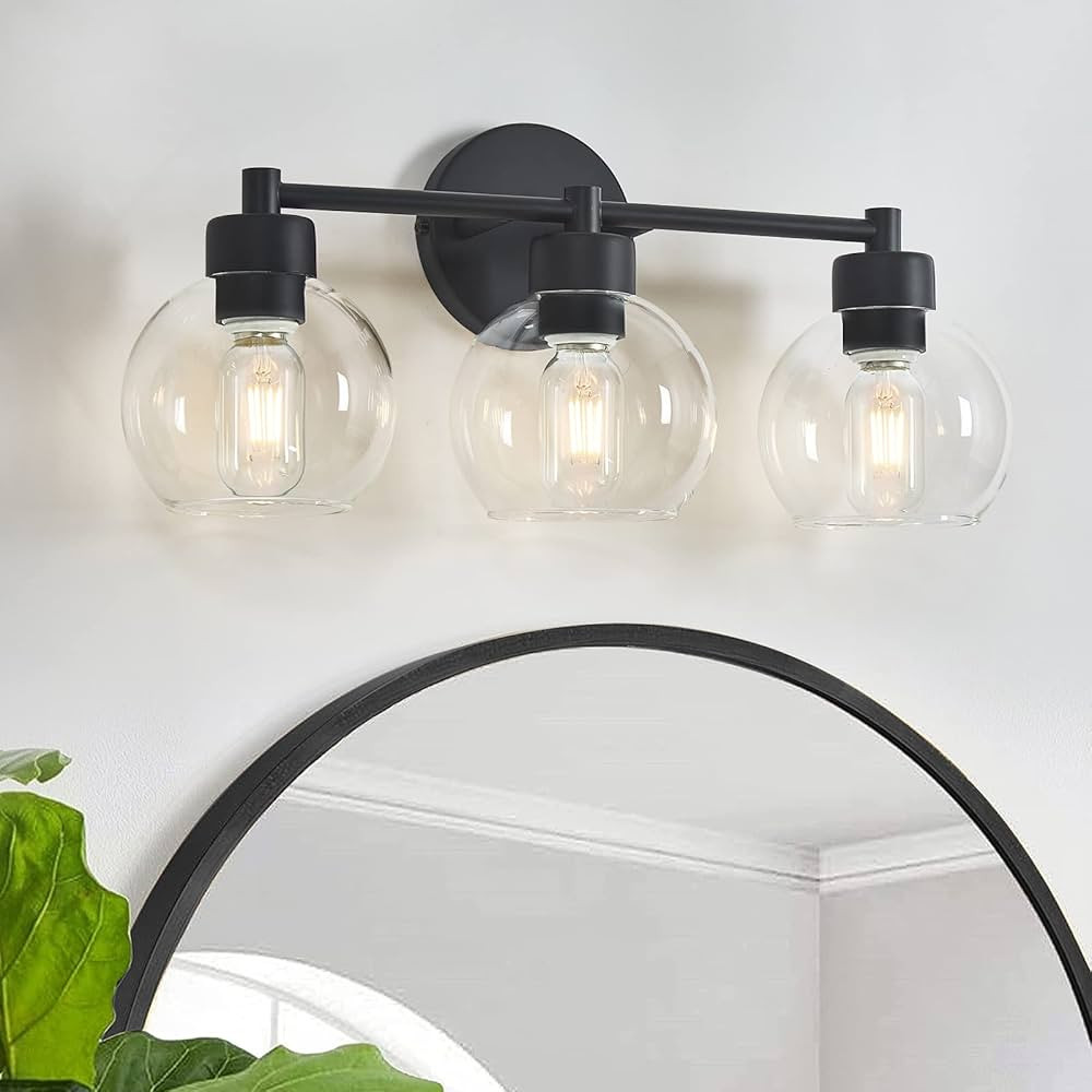 Bathroom Light Fixtures, Matte Black Vanity Light 3 Light, Bathroom Lights Over Mirror with Globe... | Amazon (US)