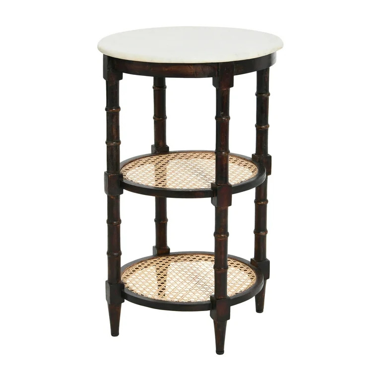 Creative Co-Op Mango Wood and Marble Top with Rattan Shelves Round End Table, Brown | Walmart (US)
