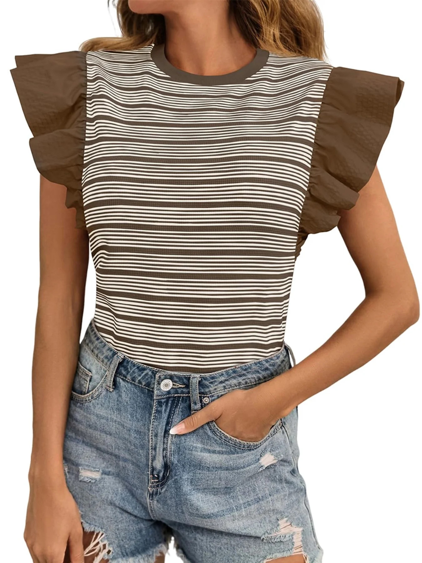 Summer Womens Ruffle Striped Tank Tops Casual Sleeveless Shirts Tops | Walmart (US)