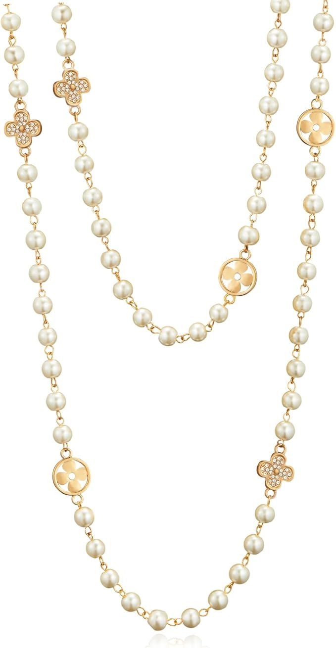 8MM Round Simulated Shell Pearl Strand Layered Necklace for Women, Dainty Multiple Strands Long N... | Amazon (US)