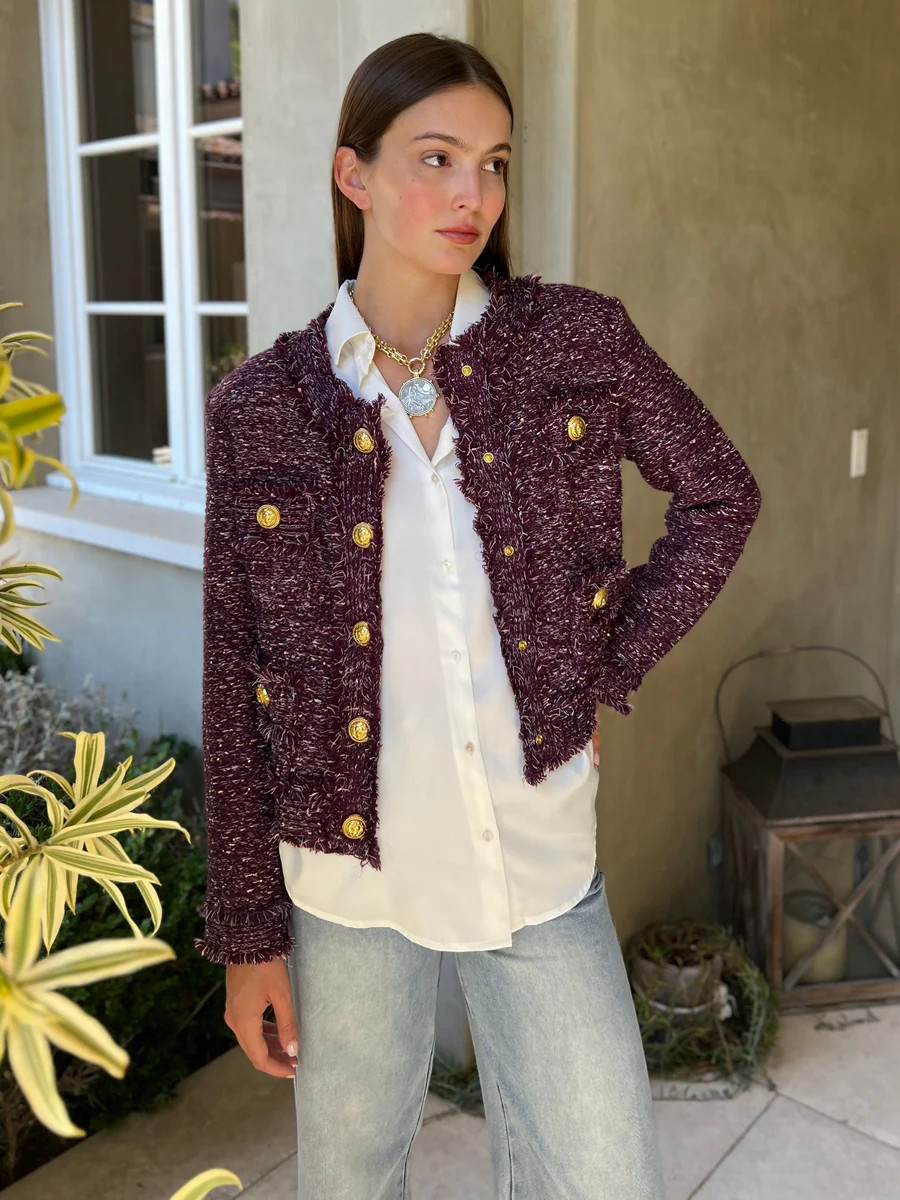 Bethany Tweed Jacket with Gold Buttons - Eggplant | Benaar La