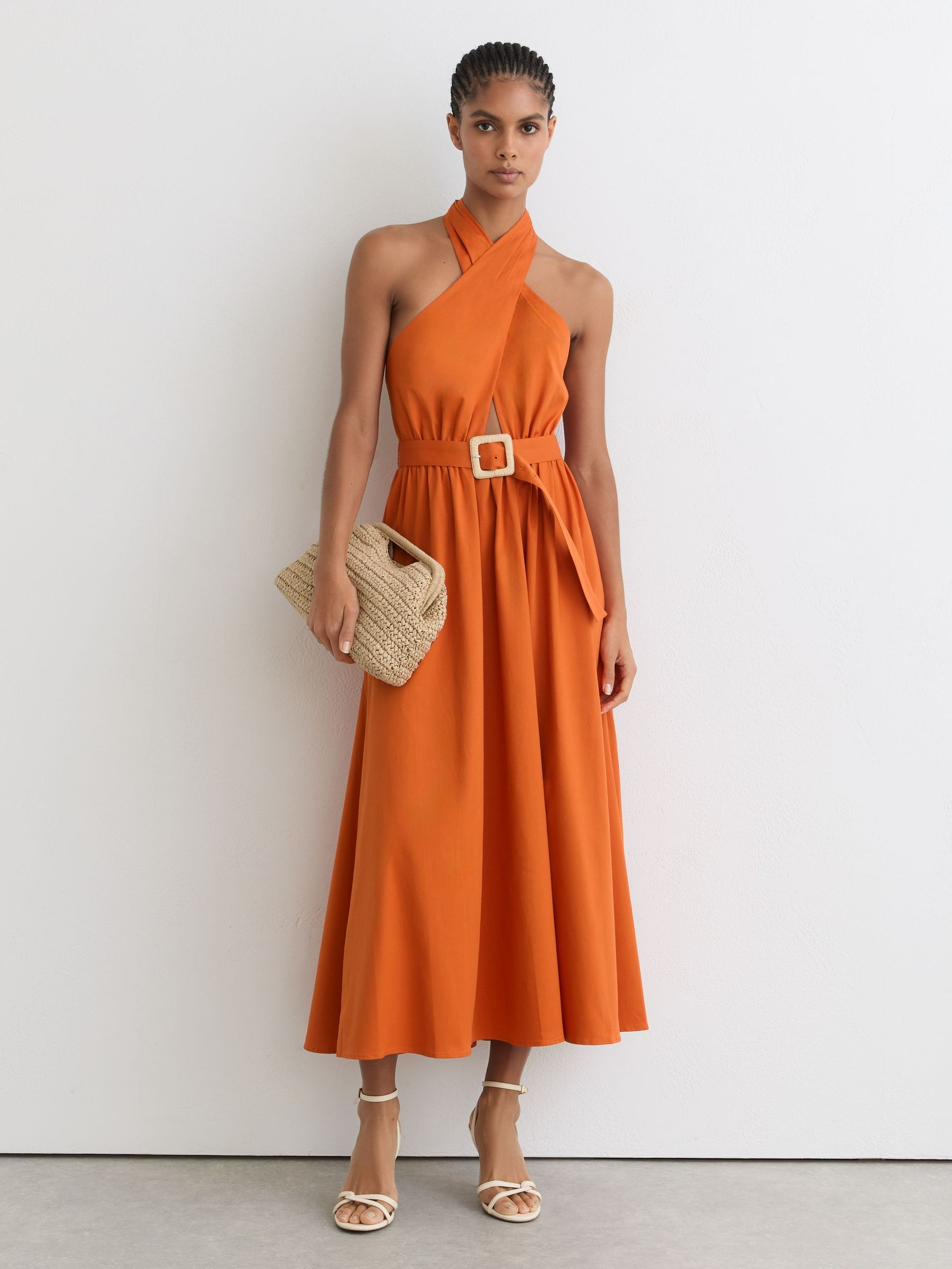 Reiss Cotton Halterneck Belted Midi Dress in Orange - REISS | Reiss UK