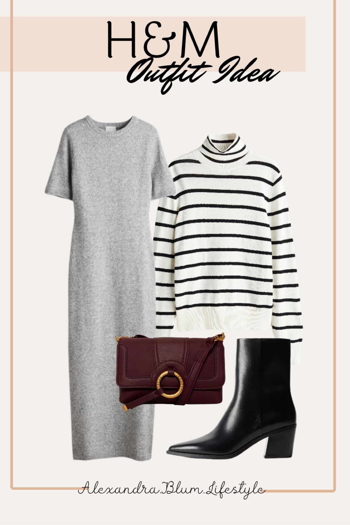 Cute fall outfit idea from H&M! Maxi t-shirt sweater dress styled with a striped turtle neck long sleeve underneath, black boots, and a wine color crossbody purse!  

#LTKFindsUnder50 #LTKItBag #LTKWorkwear