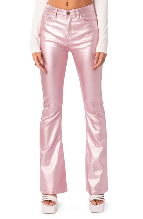 EDIKTED Luna Faux Leather Flare Leg Pants in Metallic-Pink at Nordstrom, Size X-Small | Nordstrom