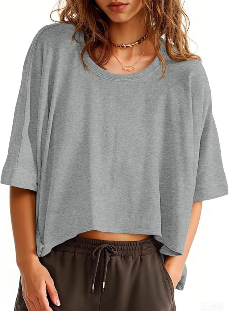 Tankaneo Womens Oversized T-Shirts Cropped Summer Casual Short Sleeve Loose Fit Tee Tops | Amazon (US)