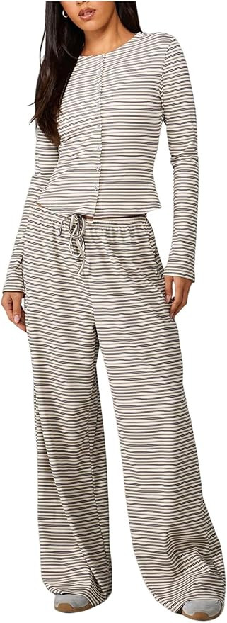 WDIRARA Women's Striped 2 Piece Pants Outfits Long Sleeve Button Down Knit Top Set Leisure Fall C... | Amazon (US)