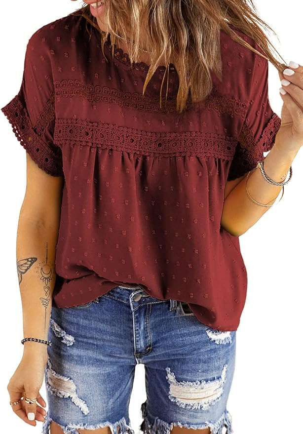 Dokotoo Womens Summer Tops Lace Crochet Short Sleeve Shirts Chiffon Blouses | Blouses for Women D... | Amazon (US)