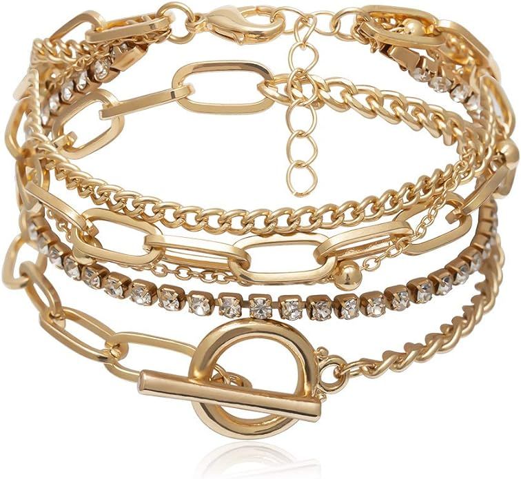 Gold Bracelets for Women Dainty Boho Stackable Bracelet Set Gold Chunky Layered Link Bangle for M... | Amazon (US)