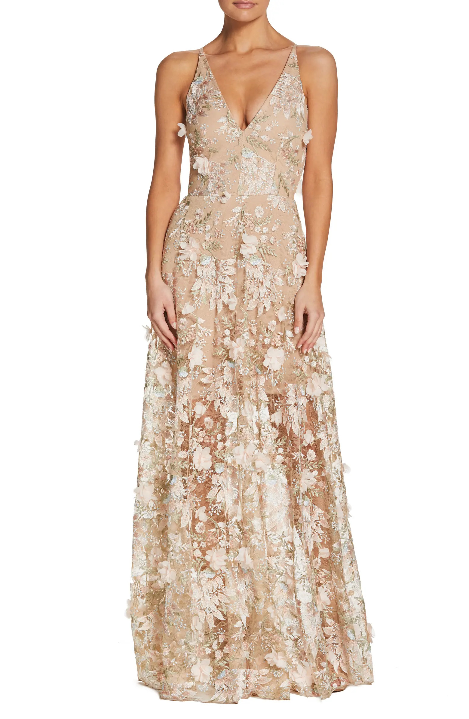 Sidney Deep V-Neck 3D Lace Gown | Nordstrom