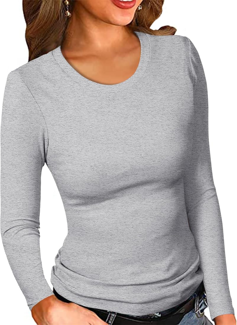 PALINDA Womne's Ribbed Round Neck Slim Fitted T Shirts Basic Solid Long Sleeve Layering Tee Tops | Amazon (US)