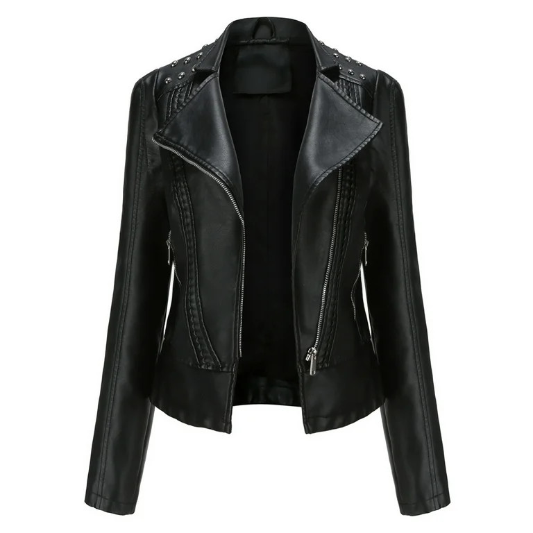 KaLI_store Winter Coats for Women Women's Leather Motorcycle Jacket PU Slim Short Biker Coat Blac... | Walmart (US)