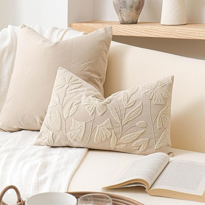 BlissBlush Neutral Floral Lumbar Pillow Cover 12x20 Inch, Velvet Rectangle Throw Pillow Cover Sof... | Amazon (US)