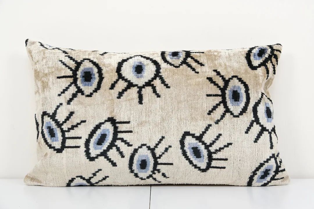 16" x 24" Ikat Eye Beige Pillow Cover - Silk Pastel Velvet Lumbar Pillow Cover - Ethnic Decorativ... | Etsy (US)