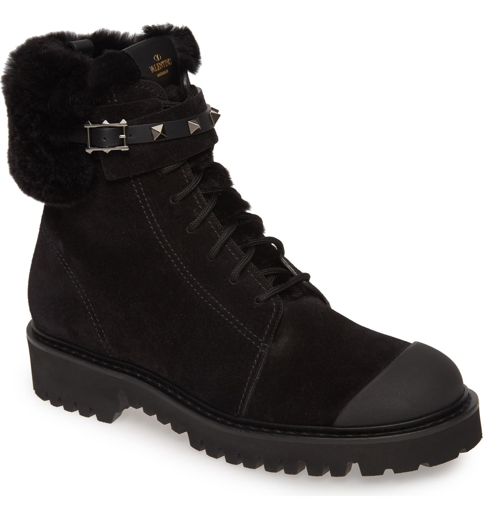 Valentino Garavani Rockstud Cap Toe Boot with Genuine Rabbit Fur Trim (Women) | Nordstrom | Nordstrom