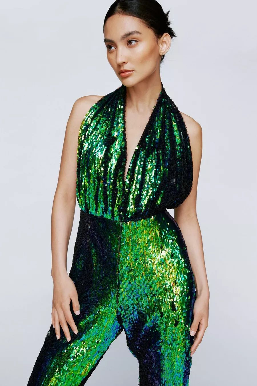 Petite Sequin Halter Neck Plunge Jumpsuit | Nasty Gal (US)