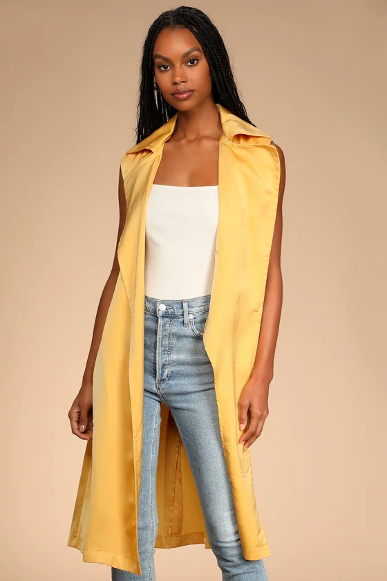 Being Chic Mustard Yellow Satin Sleeveless Duster | Lulus (US)
