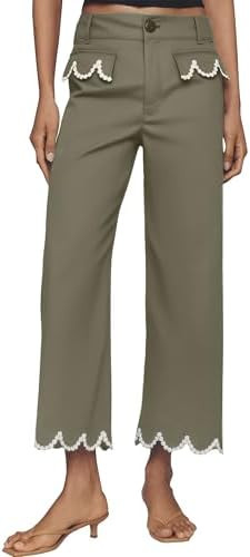Women's Scalloped Wide Leg Pants Casual High Waisted Button Down Loose Fit Cropped Hem Trousers w... | Amazon (US)
