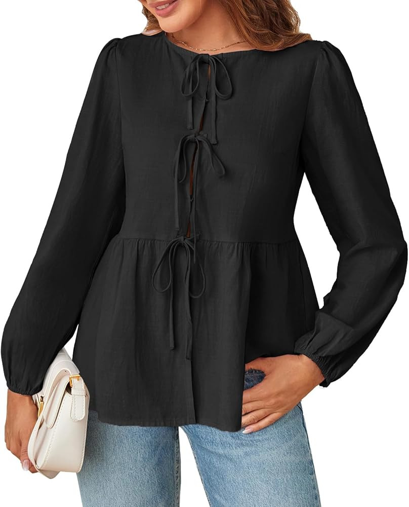 MEROKEETY Women's Tie Front Tops Blouse Puff Sleeve Button Peplum Ruffle Cute Babydoll Tee Shirts | Amazon (US)