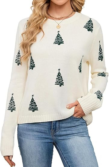 SunnyMelody Women's Cute Christmas Sweater, Snowflake Tree Print Knit Pullover, 2025 Cozy Funny H... | Amazon (US)