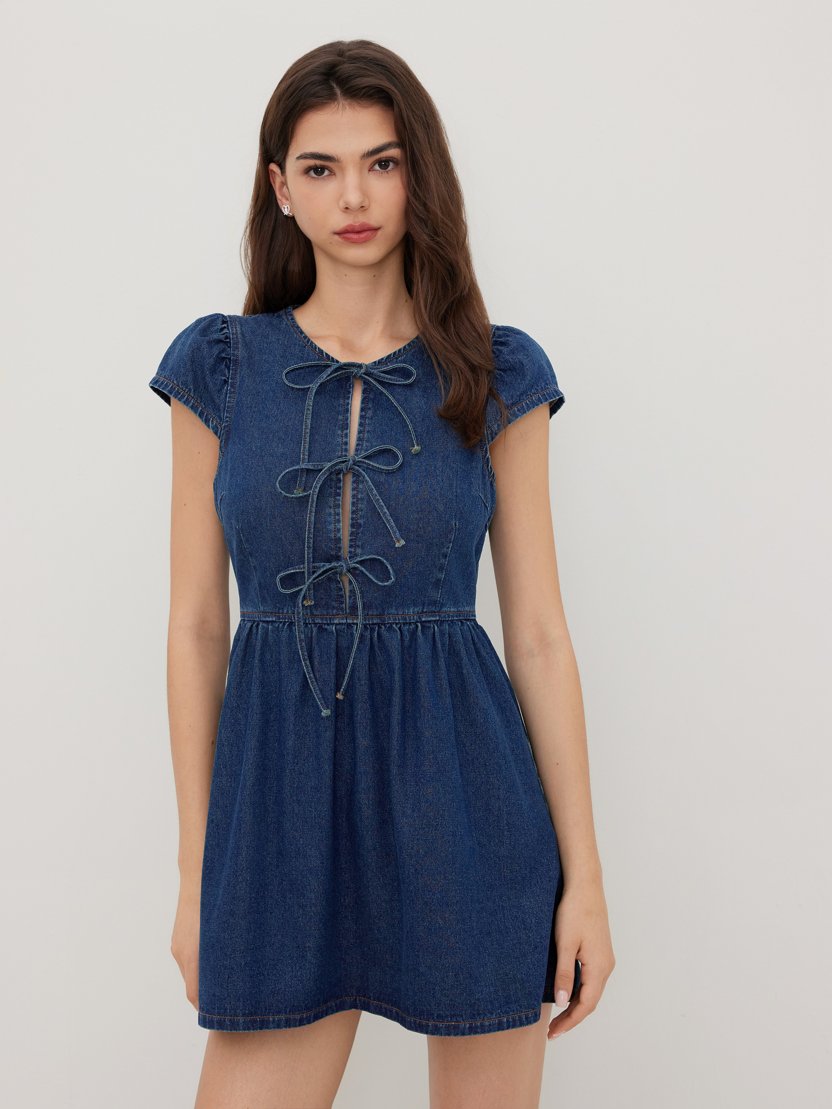 Denim Denim Cut Out Tie Front Bowknot Mini Dress For Daily Casual | Cider