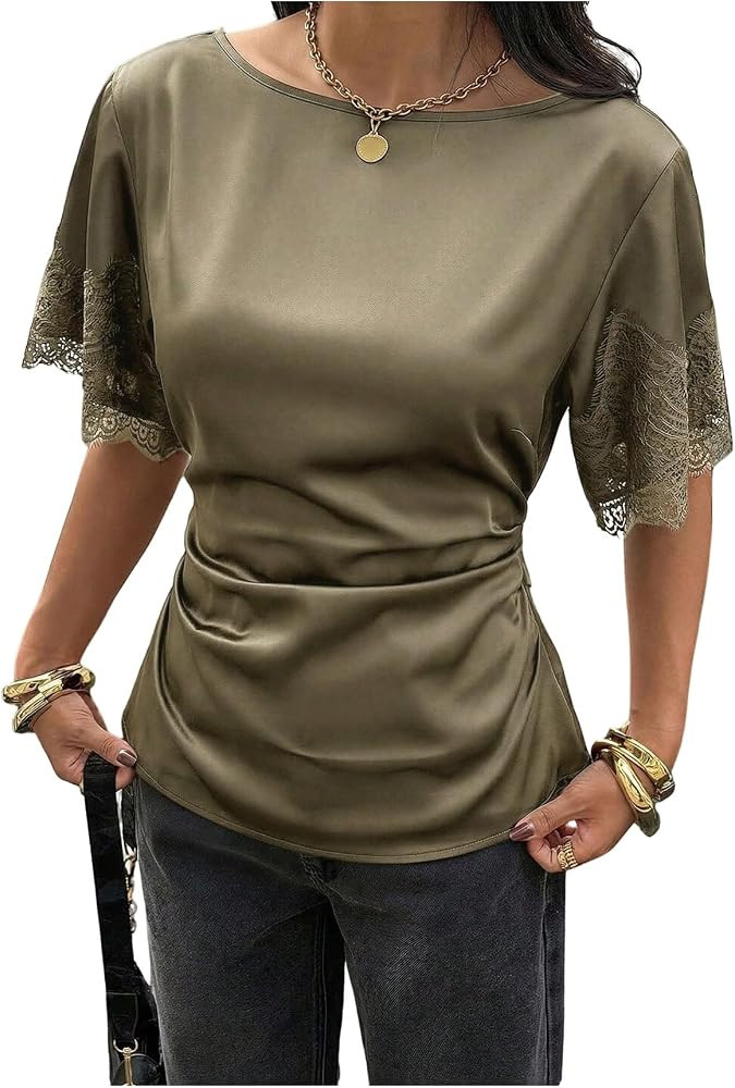 Milumia Women's Satin Lace Blouse Cinched Waist Tie Back Dressy Shirt Tops | Amazon (US)