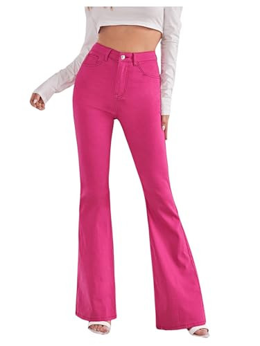 SweatyRocks Women's Casual Denim Pants Heart Print High Waist Stretchy Bell Bottom Flared Jeans Hot Pink XS | Amazon (US)