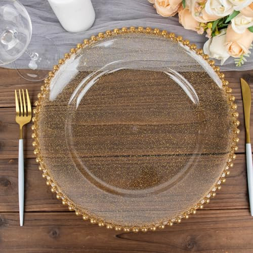 Efavormart 12-Pack Acrylic Charger Plates 13" Round Clear Gold Glittered with Beaded Rim - Decorative Dinner Party Serving Plates | Amazon (US)