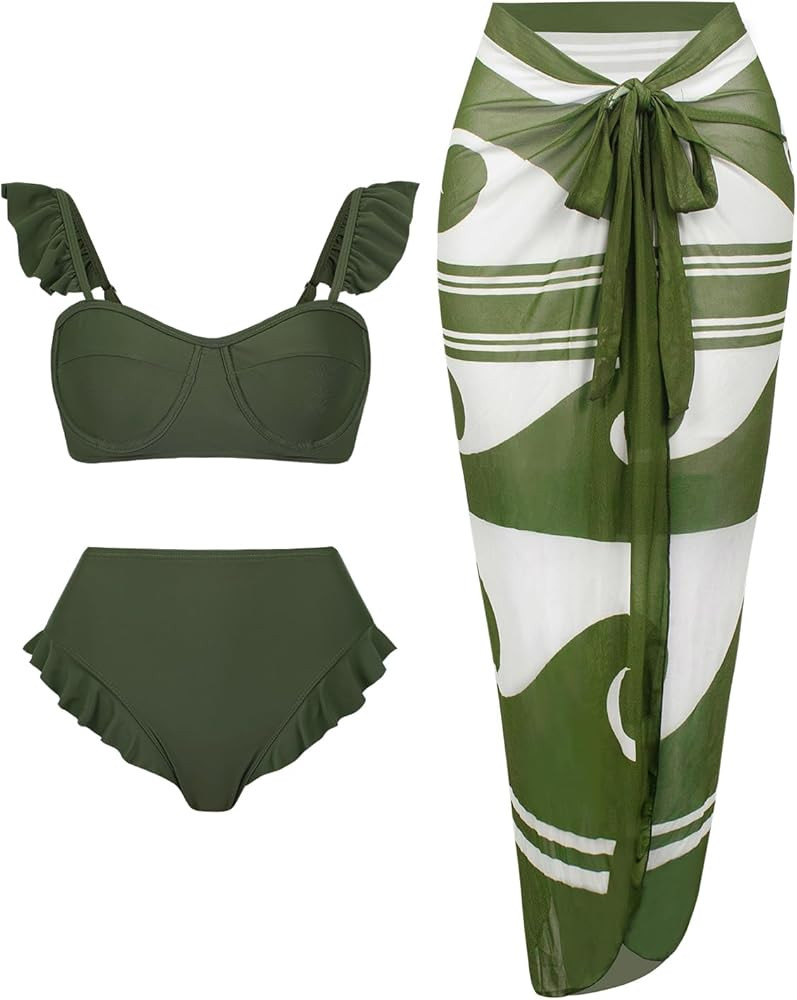 Womens 3 Piece Swimsuits with Cover Up 3 Pieces Bikini Set with Sarong High Waisted Bikini with B... | Amazon (US)