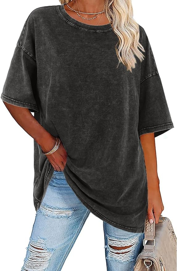 Imily Bela Womens Oversized T Shirts Vintage Cotton Tees Crewneck Short Sleeve Washed Summer Tuni... | Amazon (US)
