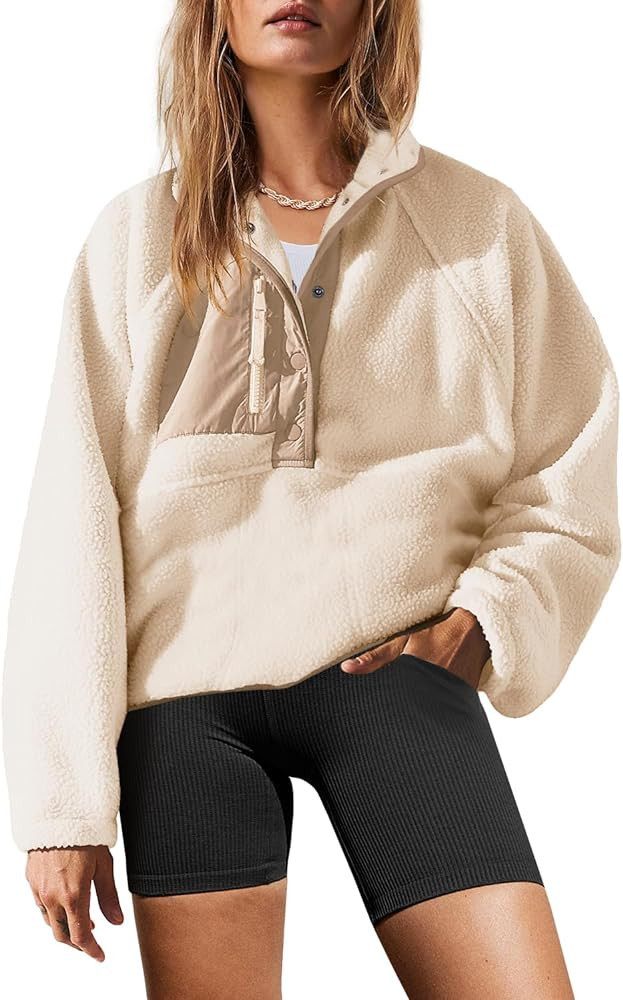 Yanekop Womens Fuzzy Fleece Pullover Sherpa Sweatshirt Long Sleeve Button Down Sweater Jacket wit... | Amazon (US)