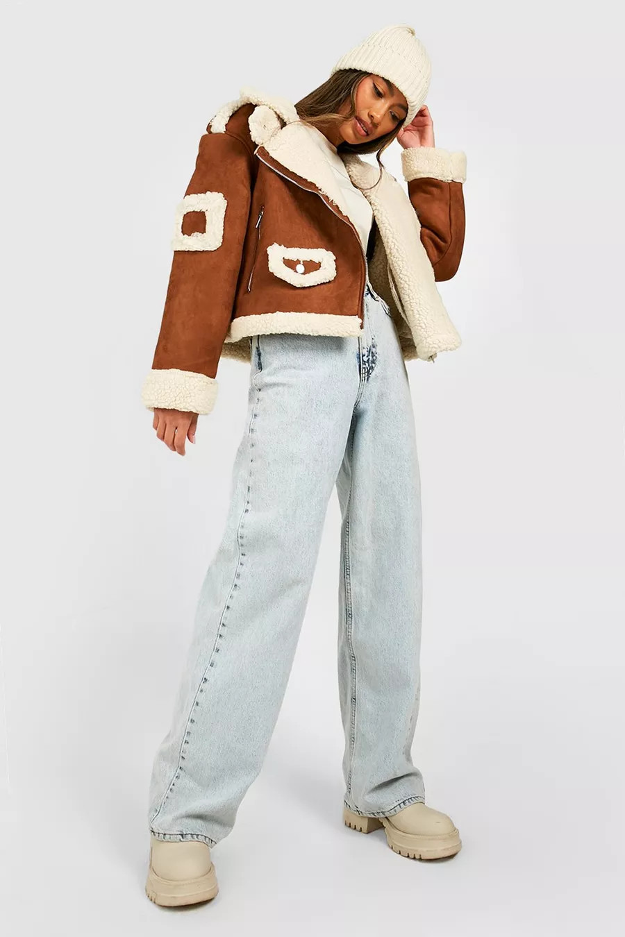 Veste aviateur à détails en polaire | Boohoo.com (FR)