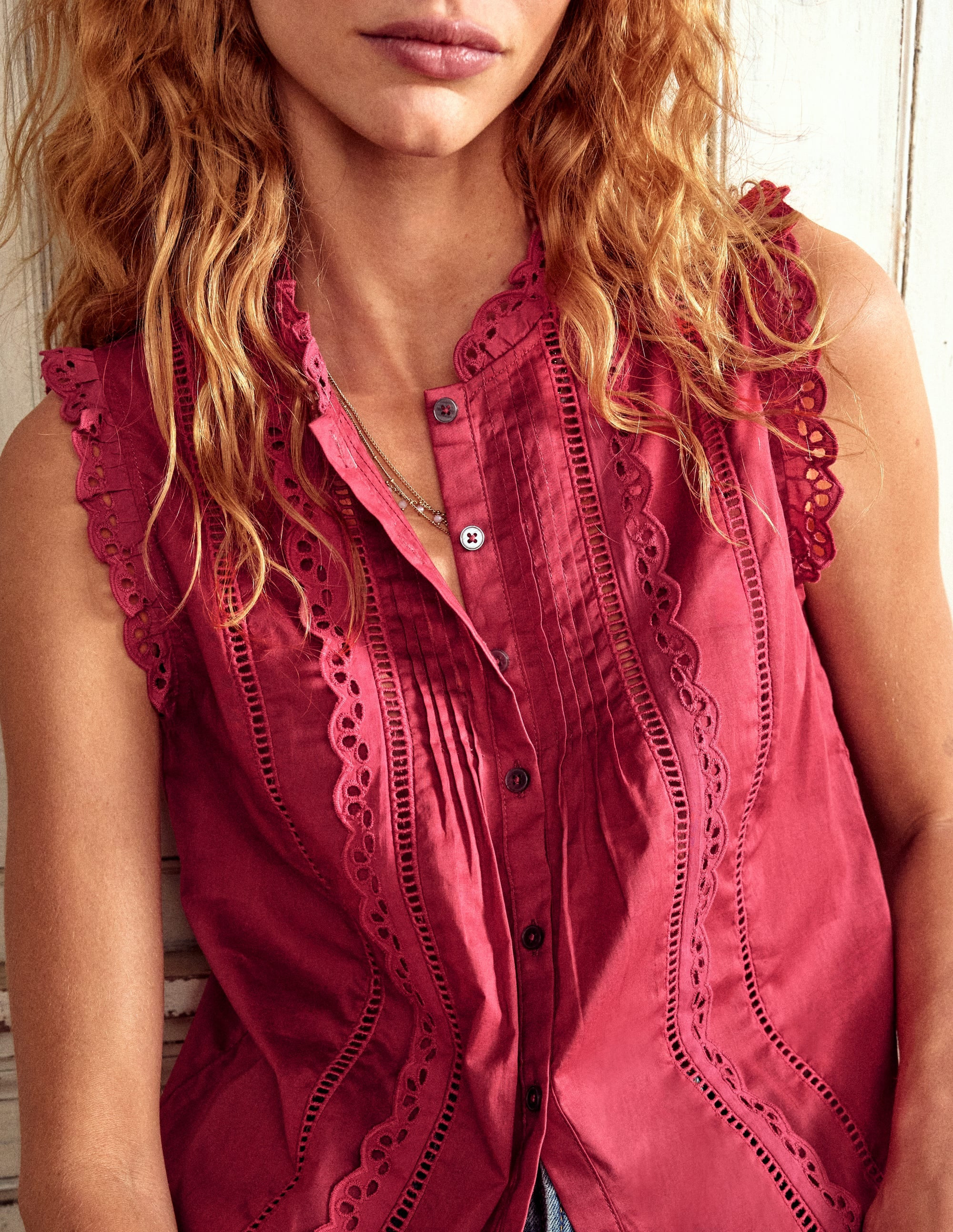Sleeveless Broderie Top-Terracotta Red | Boden (US)