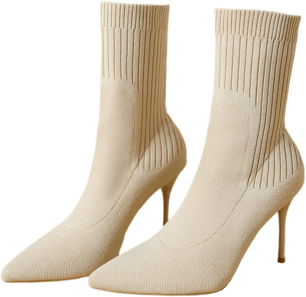 DINTAHA Knitted Boots Stretch Sock Ankle Boots Pointed Toe Booties Stiletto High Heel Ankle Boots | Amazon (US)